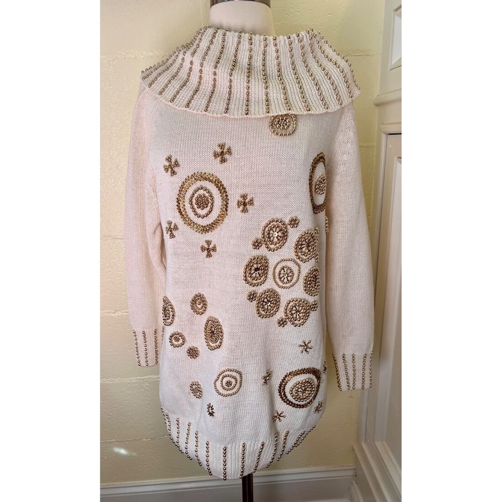 Vtg Victoria Harbour Gold Beaded Tunic Cowl Neck Sweater Cream Women's Small